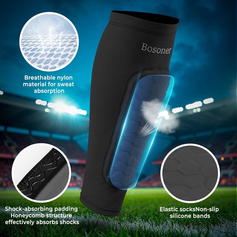 XL Gray Bosoner Soccer Shin Guards for Kids - Non-Slip Calf Sleeve with Honeycomb EVA Padding