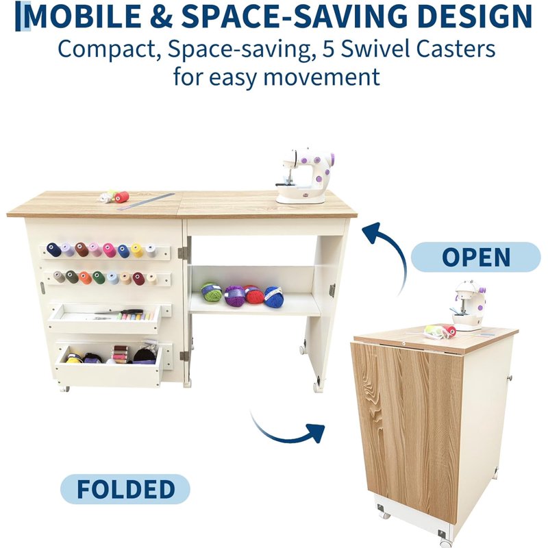 Portable Folding Sewing Table with Wheels, Storage Shelves & Trays