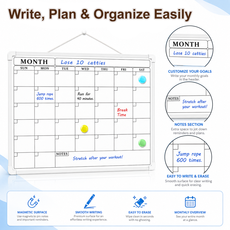 Magnetic Dry Erase Calendar Whiteboard 16x12 Inches with Markers & Magnets