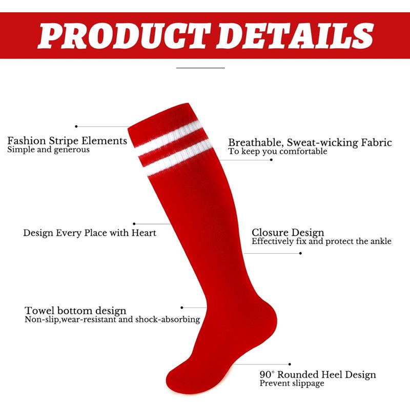 6 Pairs Kids Soccer Socks Youth Striped Football Socks Gift for Boys & Girls 4-14