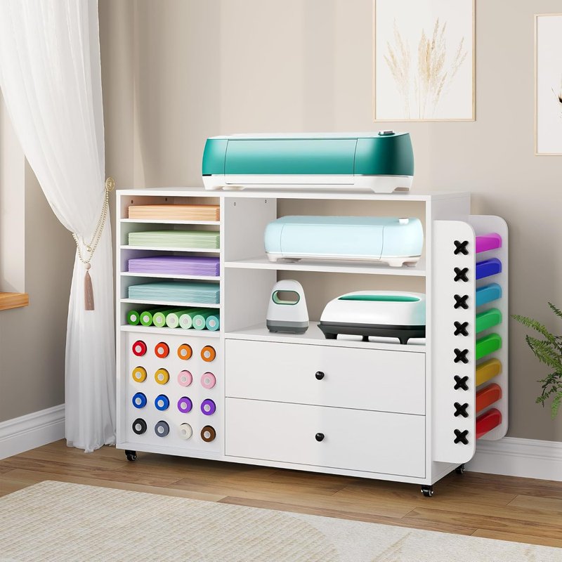Craft Storage Cart with Vinyl Roll Holders and Large Drawers for Cricut Machines - White