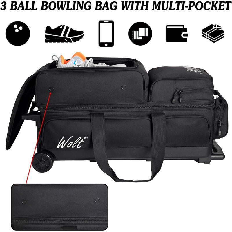 Bowling Ball Bag with Wheels 3-Ball Capacity, Shoe Compartment & Accessory Pocket, Retractable Handle