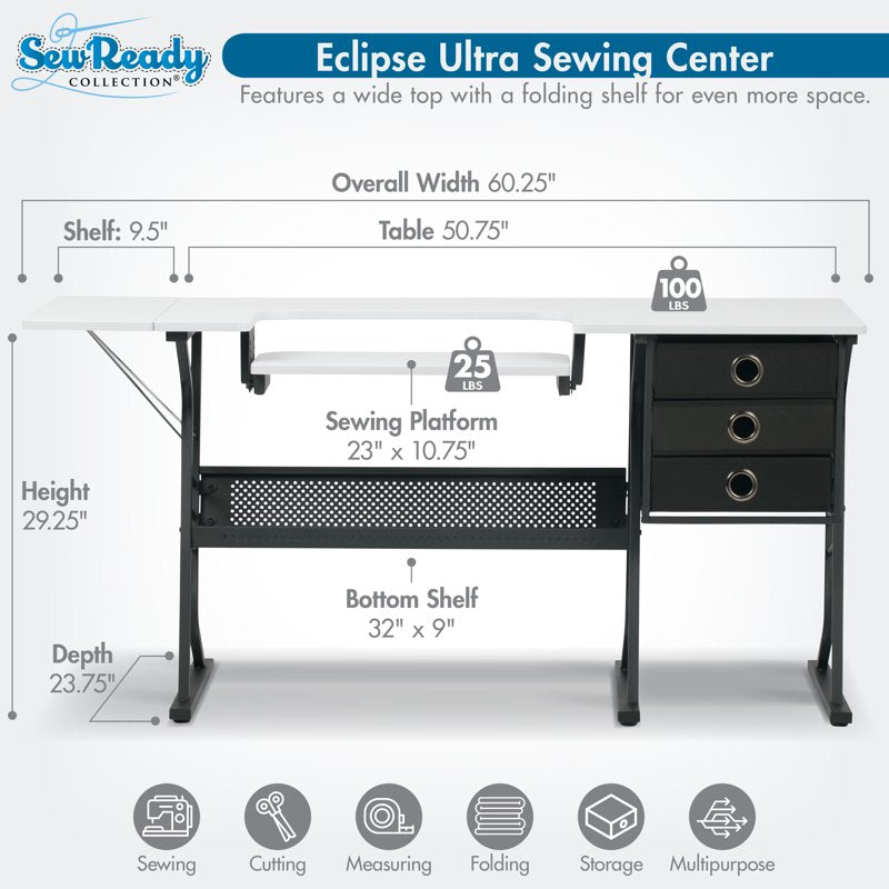 Adjustable Sewing Desk with Storage and Foldable Shelf - Black/White