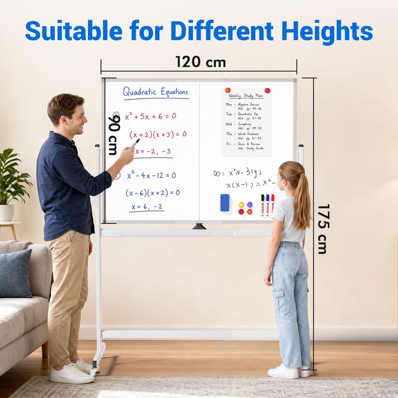 48x36 Inch Mobile Magnetic Whiteboard on Wheels - Double-Sided Dry Erase Board