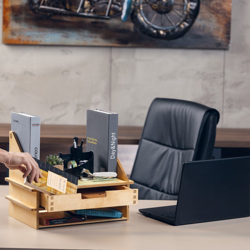 Wooden Desk Organizer with Drawer - Desktop Storage for Office Supplies