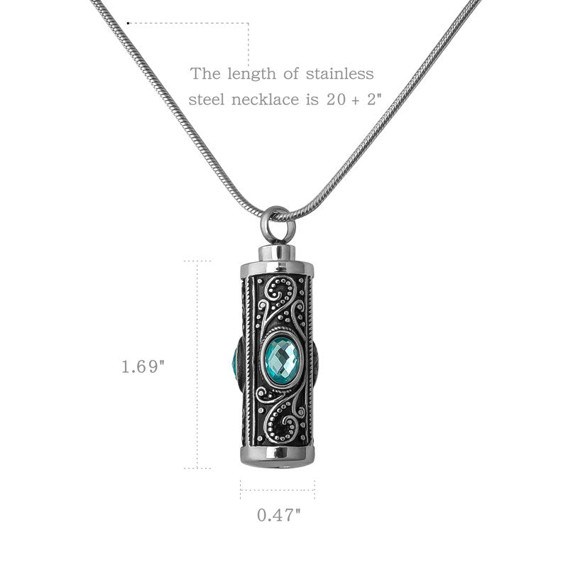 Memorial Urn Necklace with Stainless Steel Cylinder and Purple or Blue Crystal
