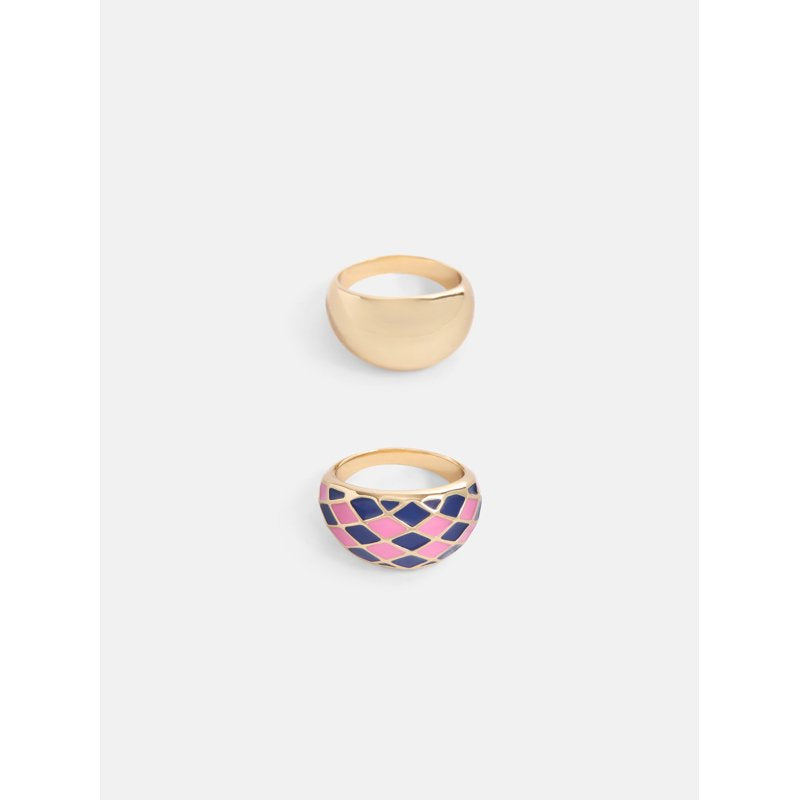 Gold Tone Enamel Dome Ring Set for Women - 2-Piece, Size 7, Modern Jewelry