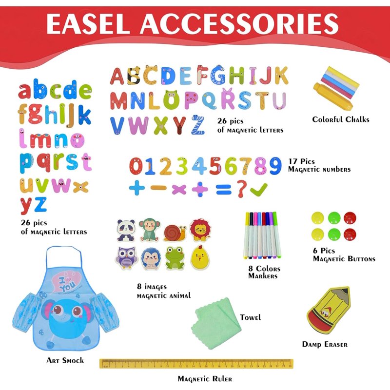 Kids Art Easel with Magnetic Double-Sided Chalkboard and Accessories - Adjustable & Stable for Toddlers 2-6 Years