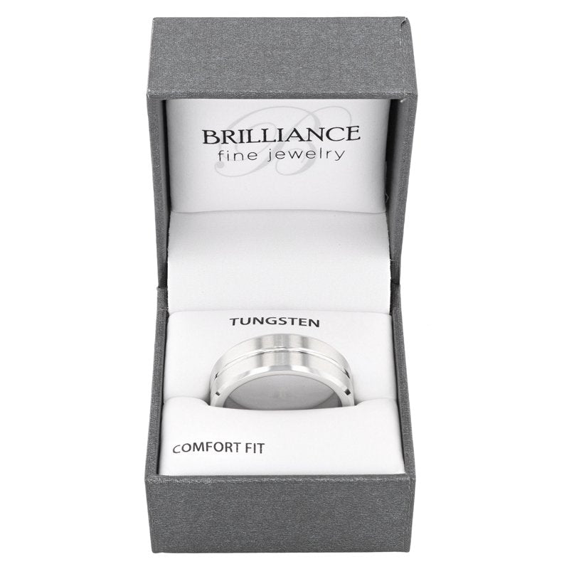 Men's Tungsten Grooved 8MM Comfort Fit Wedding Band - Durable Silver Black Men's Ring
