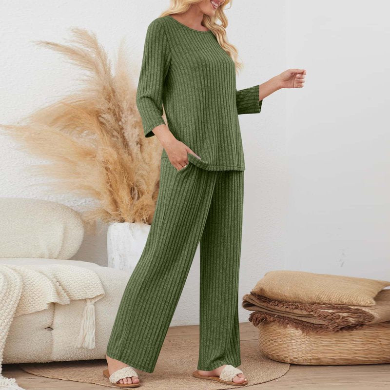 Women's Ribbed Knit Sweatsuit 2-Piece Set with Pockets - Casual Lounge & Activewear