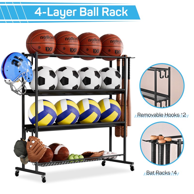 Garage Ball Storage Rack with Wheels for Sports Equipment Organizer
