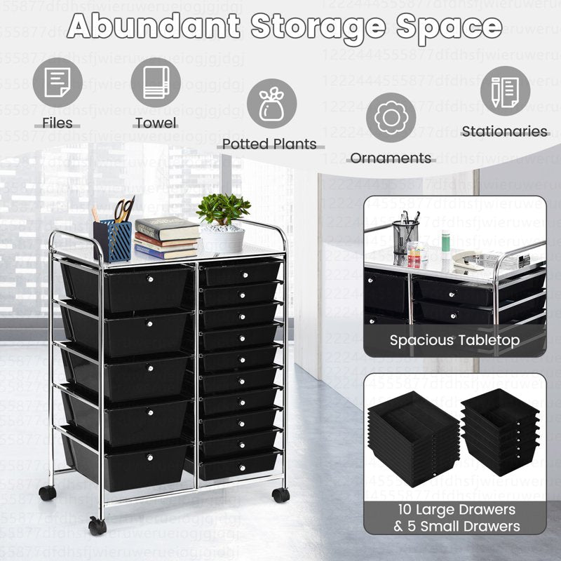15 Drawer Rolling Storage Cart for Crafts Home Office & Garage Organization