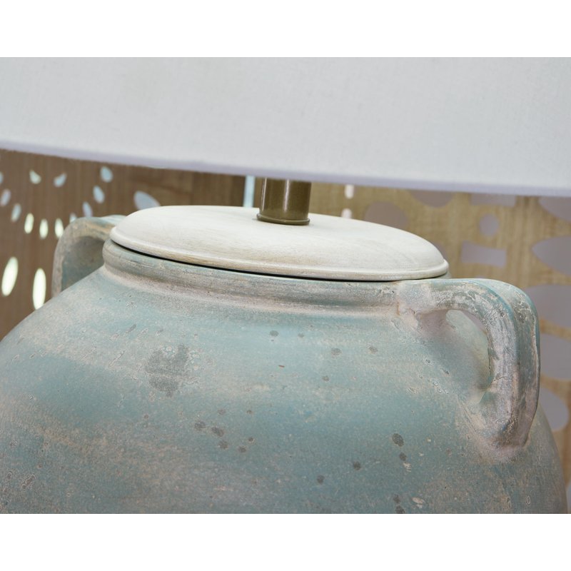 Terracotta Table Lamp with Green Finish and Drum Shade - 28.5 Inch