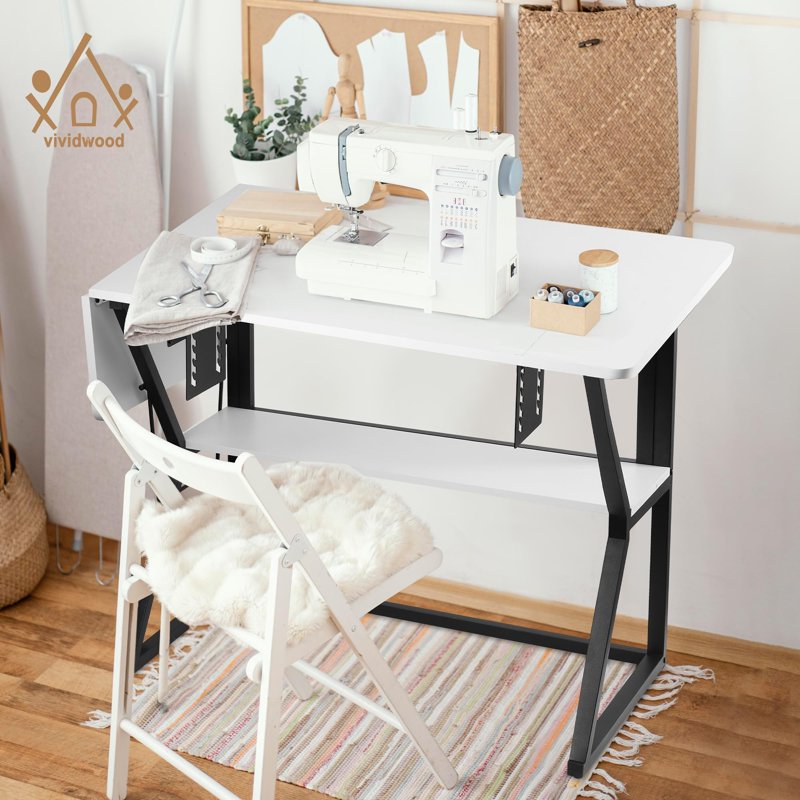 Large Sewing Table with Adjustable Platform & Storage Shelf - Vividwood