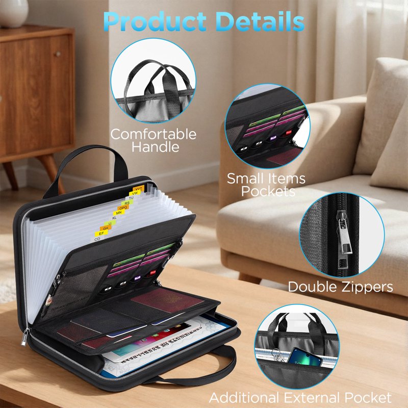 Fireproof Accordion File Organizer with 13 Pockets and Handle - A4 Document Storage