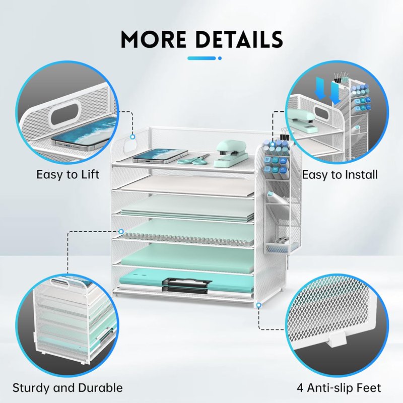 6-Tier Desktop File Organizer with 4 Pen Holders and Handle, White
