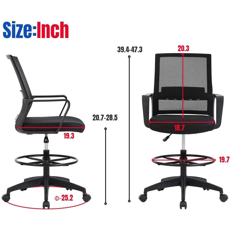 Adjustable Drafting Office Chair with Lumbar Support and Swivel Base - Ergonomic Mesh Seat