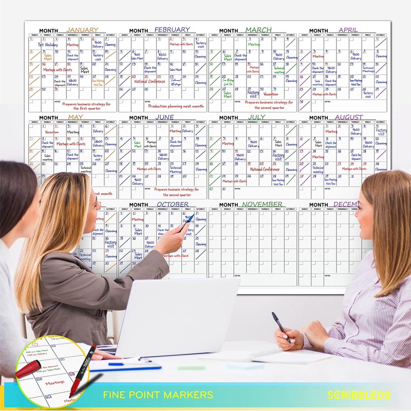 Large 36x48 Inch Dry Erase Wall Calendar - 12 Month Planner with Markers & Mounting Kit