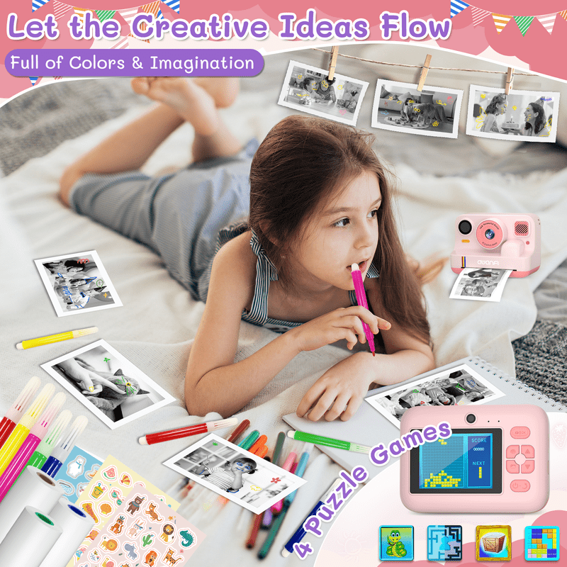 Kids Instant Print Camera with 32G SD Card & Paper - Portable Digital Toy Gift