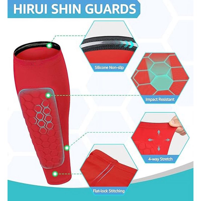 M Red Shin Guards for Kids & Adults - Calf Compression with Honeycomb EVA Pads
