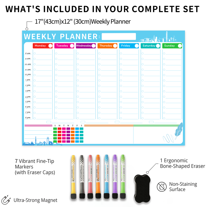 Magnetic Weekly Refrigerator Calendar Whiteboard with Markers & Eraser