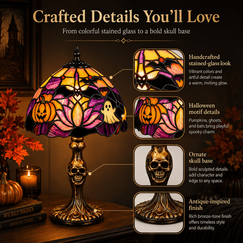 Halloween Tiffany Style Stained Glass Lamp with Skeleton Base Spooky Decor 11 Inch