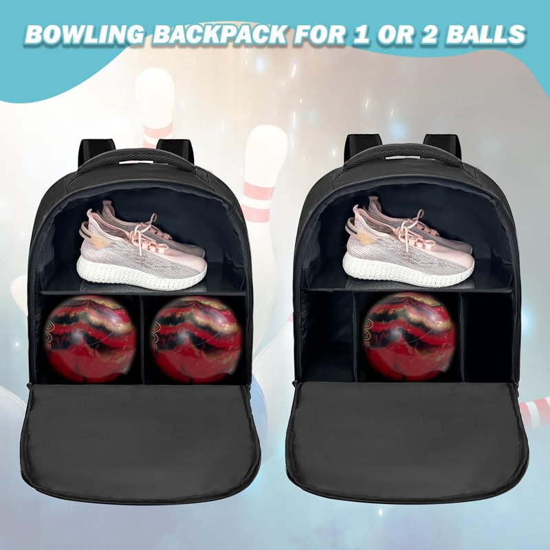 WOLT 2-Ball Bowling Backpack Bag with Protective Foam & Shoe Compartment – Black