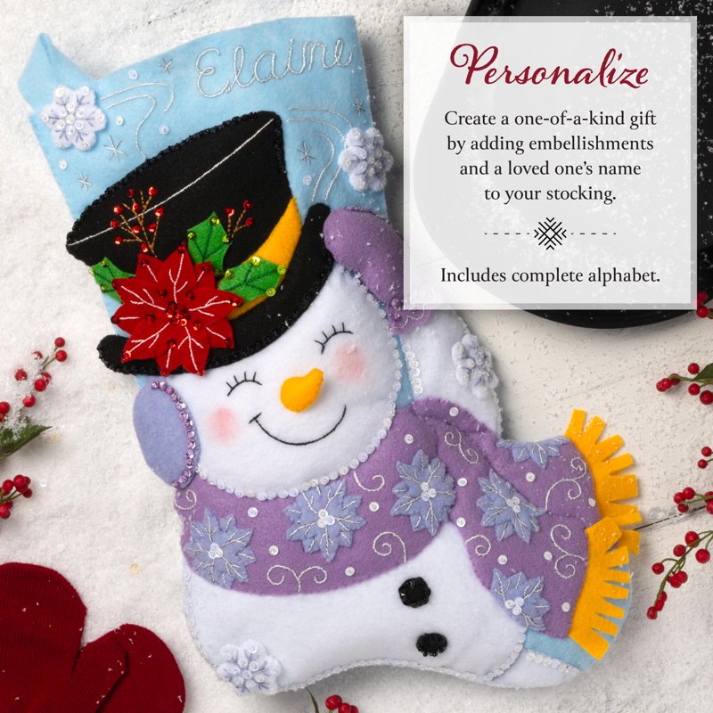Christmas Felt Stocking Embroidery Kit with Snowman Design, 18 Inches