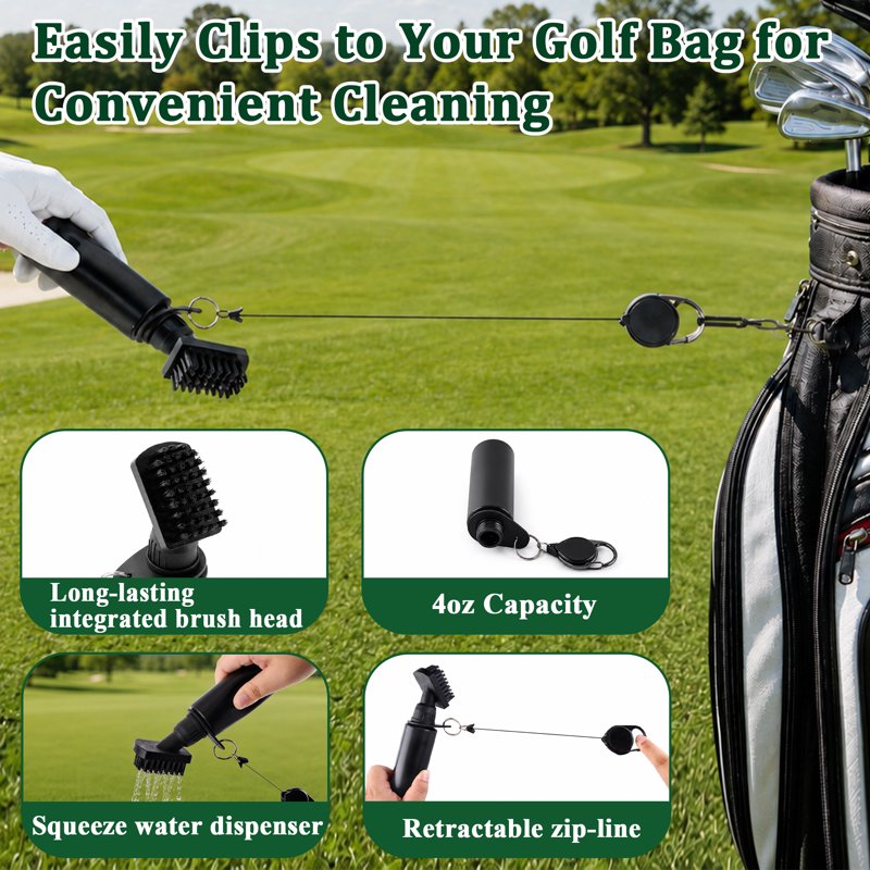 Golf Club Cleaner Brush with Water Bottle & Clip - Portable Groove Cleaner
