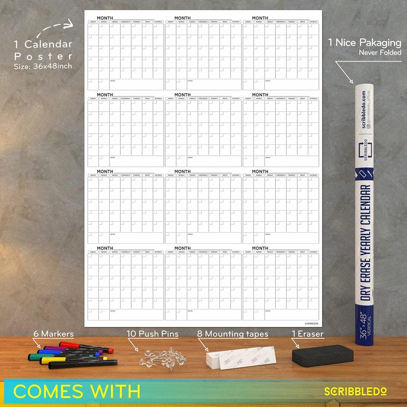 Large Whiteboard Calendar 2025 - Dry Erase Wall Calendar with Markers