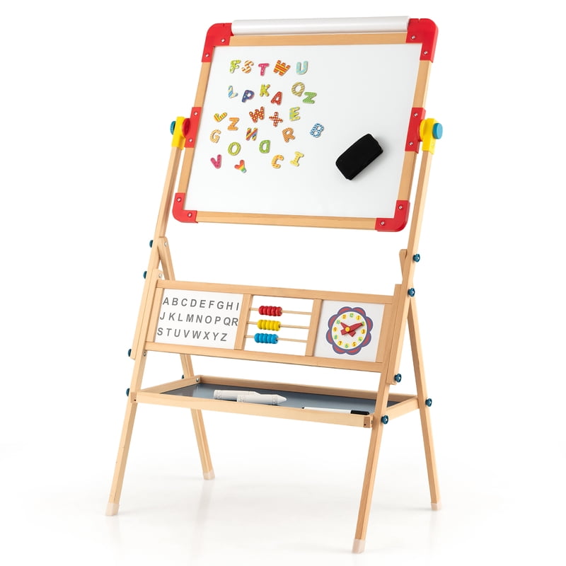 Kids Wooden Art Easel with Double Sided Chalkboard & Whiteboard, Paper Roll & Storage Tray