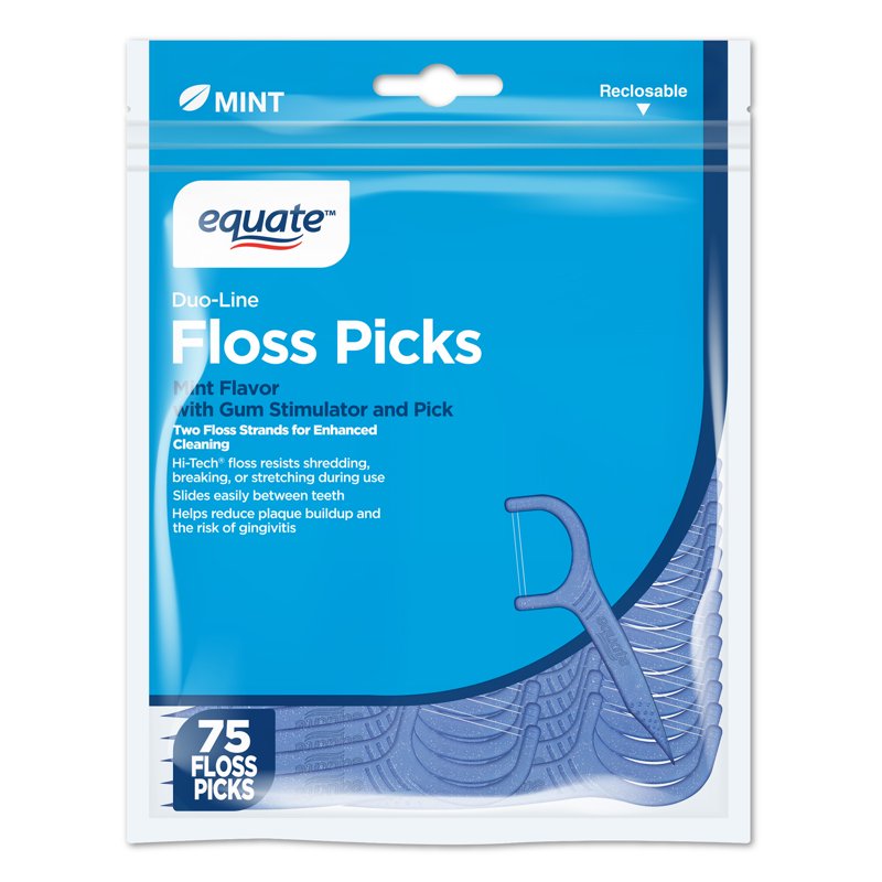 Dental Floss Picks with Mint Flavor 75 Count - Dual-Strip, Gum Stimulator