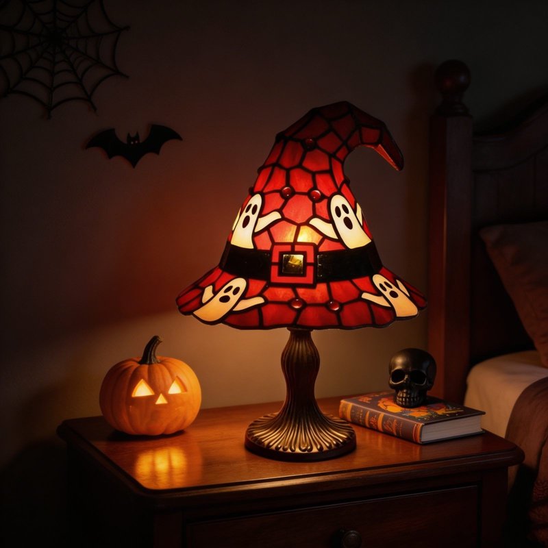 Halloween Witch Hat Lamp with Ghost Accents - Stained Glass Night Light for Halloween Decor