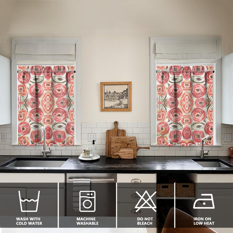 Kitchen Curtains and Valance Set 3 Pieces - Floral Red & White, 27.5 x 36 Inches