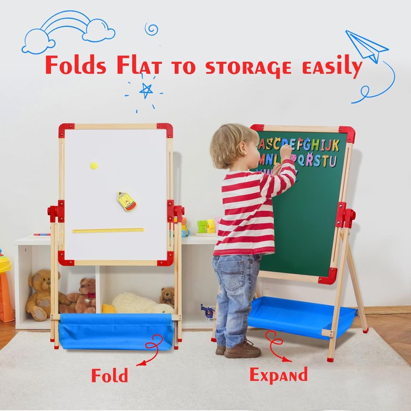 Kids Art Easel with Magnetic Double-Sided Chalkboard and Accessories - Adjustable & Stable for Toddlers 2-6 Years