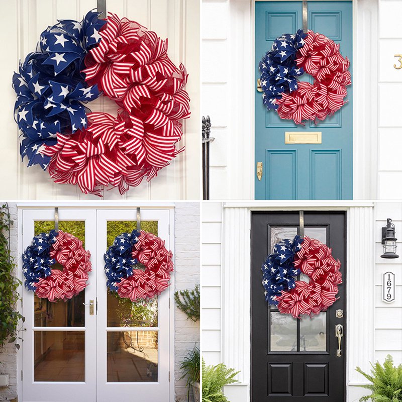 Patriotic Front Door Wreath with Red White Blue Ribbon Stars for Independence Day