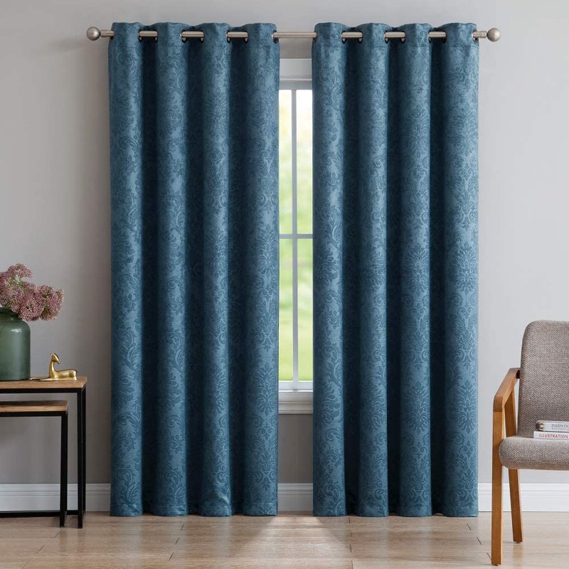 Blackout Curtains with Embossed Damask Pattern - Room Darkening Thermal Drapes