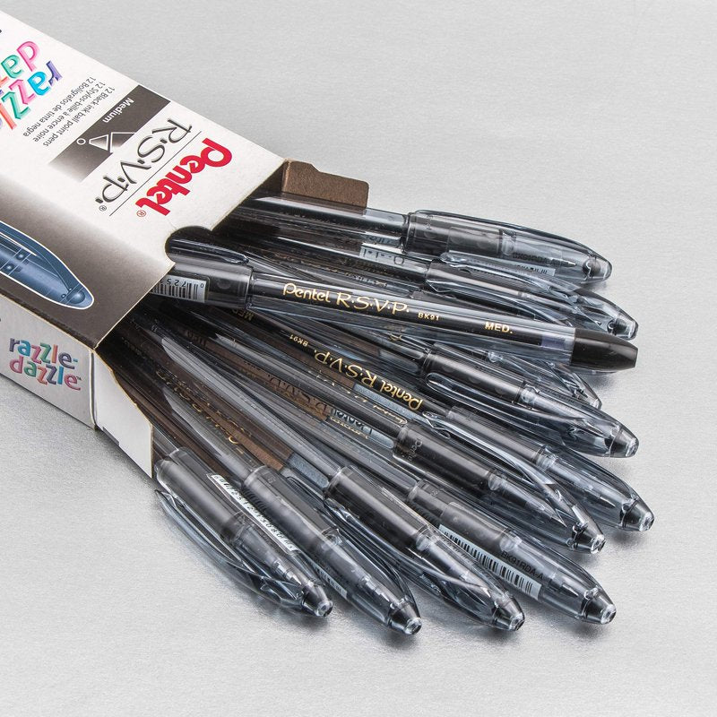 Pentel RSVP Razzle-Dazzle Ballpoint Pen 1.0mm Medium Black Ink 12-Pack - Smokey Gray Barrel