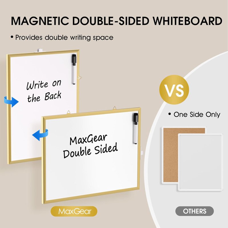 Small Double-Sided Dry Erase Board with Gold Frame, 16 x 12 Inches, Wall Mountable, Includes Marker