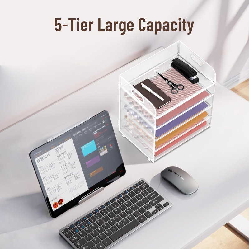 5-Tier Metal Mesh Desk Organizer with Handle - File & Paper Storage