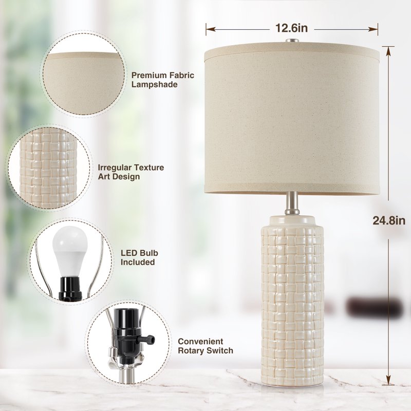 Set of 2 Modern Ceramic Bedside Lamps with 3-Color Temperature Bulbs - Farmhouse Nightstand Lighting