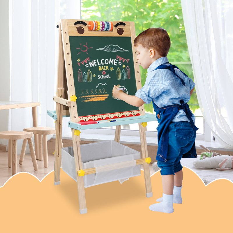 Kids Art Easel with Paper Roll Double-Sided Adjustable Drawing Board with Accessories