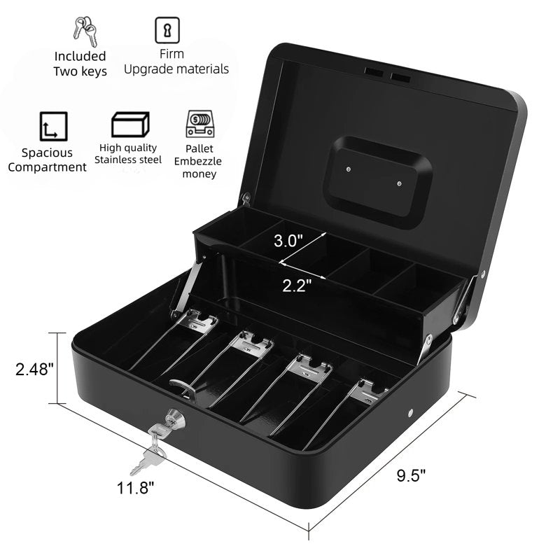 Large Locking Cash Box with Money Tray, 2-Layer Steel Safe for Cash, 11.8x9.4x3.5 inches
