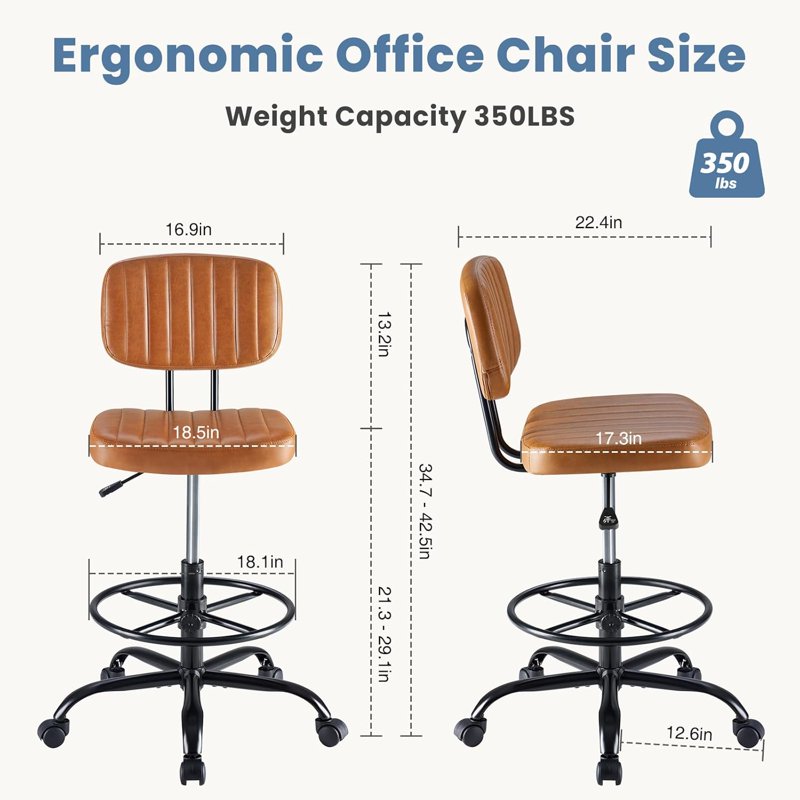 Adjustable Tall Office Drafting Chair with Foot Ring - Swivel Task Chair for High Desks
