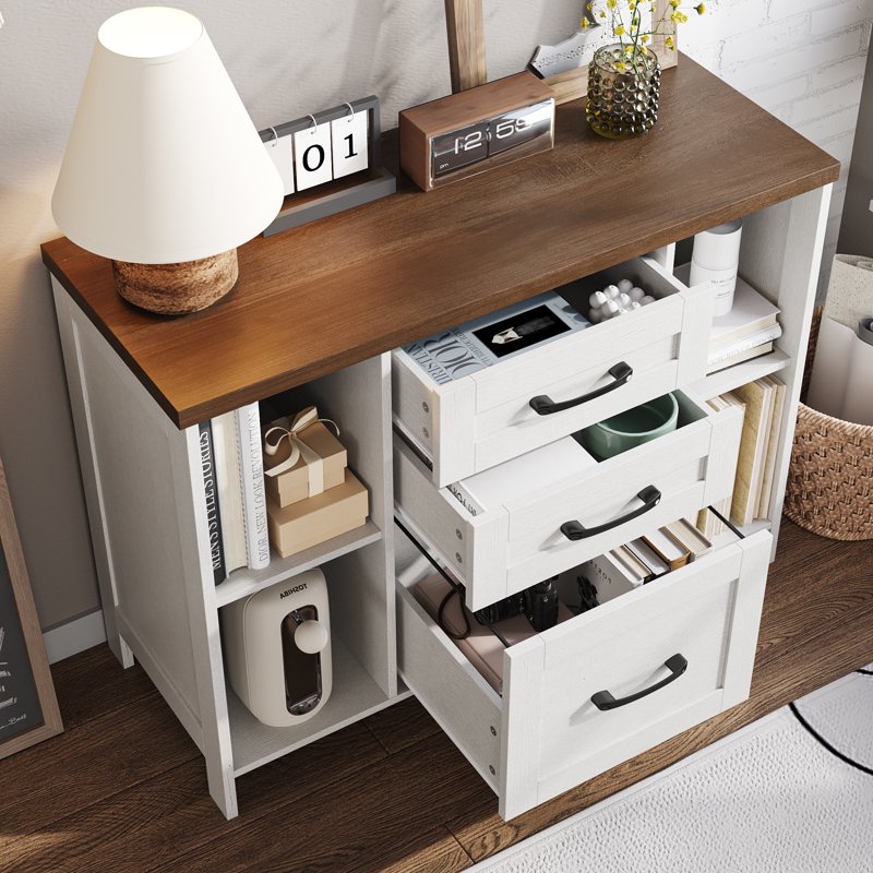 Wood 3-Drawer Lateral File Cabinet with Shelves - White Home Office Storage