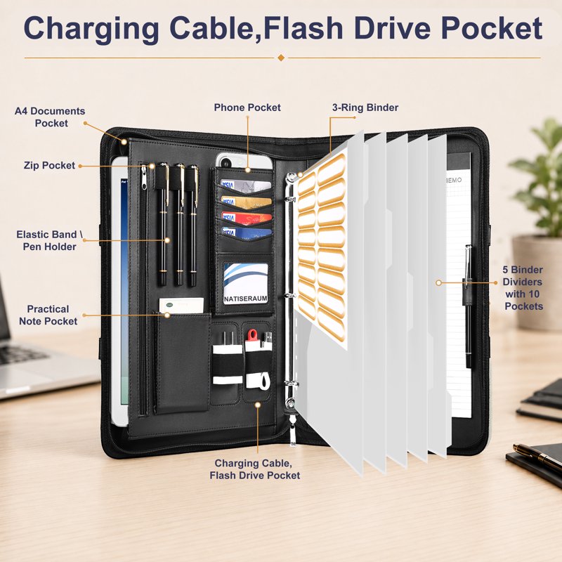 Professional Leather Portfolio Organizer with Notepad Pen 3-Ring Zipper Document Binder