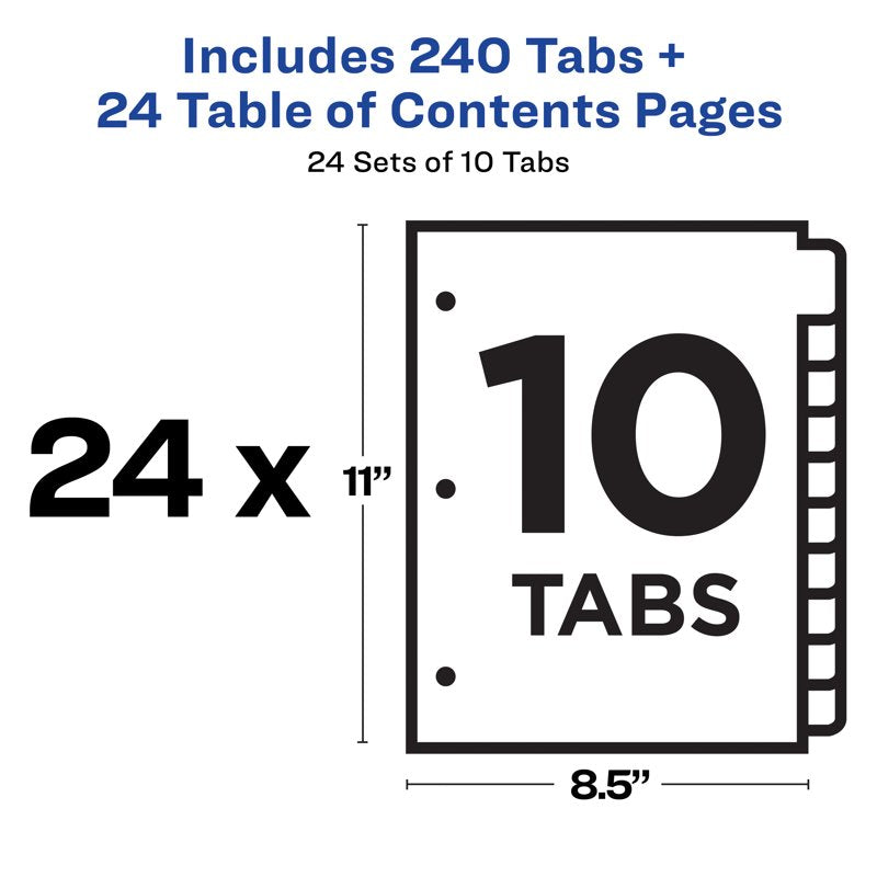 10-Tab Binder Dividers with Customizable TOC - Pack of 24 Sets