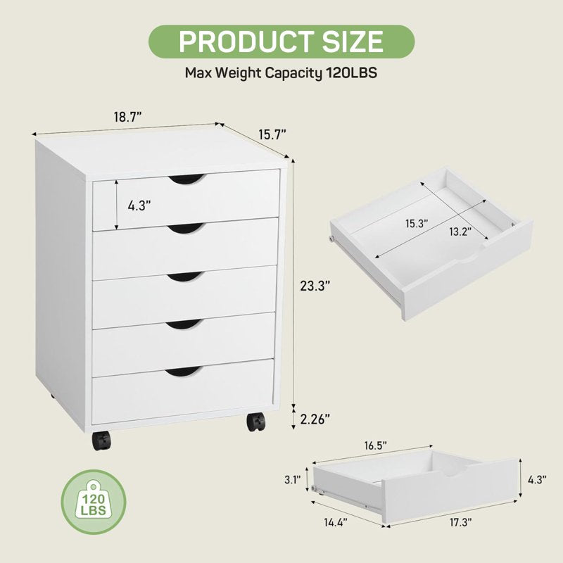 5-Drawer Wooden File Cabinet with Lockable Wheels - Home Office Storage Organizer