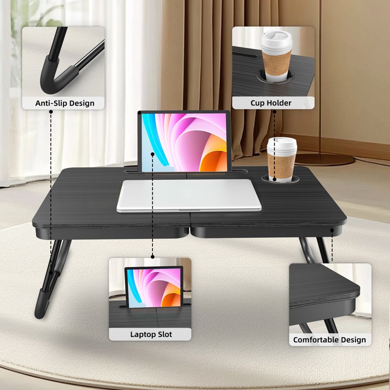 Portable Foldable Lap Desk for Bed and Couch with Cup & Phone Holder - Black (Variation: Black)
