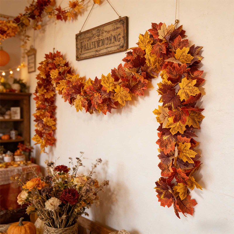 Autumn Maple Leaf Garland - 68.9 Inch Fall Decor for Mantle, Door, Wall & Window